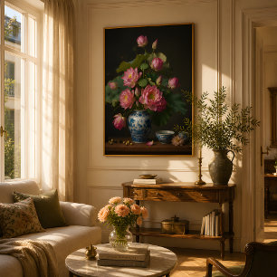 Poster Peinture à l'huile d'un élégant lotus rose dans un
