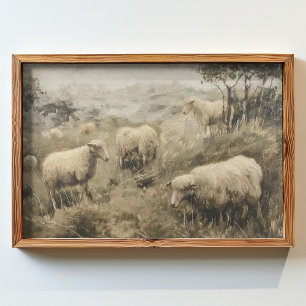 Poster peinture à l'huile d'un groupe de moutons broutant