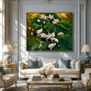 Poster Peinture à l'huile élégante de lotus et de grue as