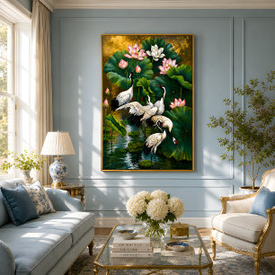 Poster Peinture à l'huile élégante de lotus et de grue as