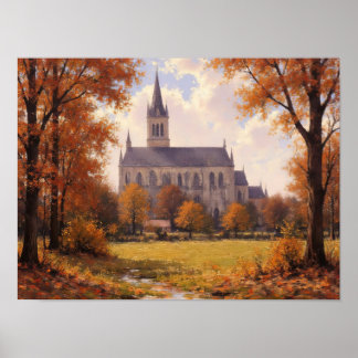 Poster Peinture à l'huile impressionniste d'église d'auto