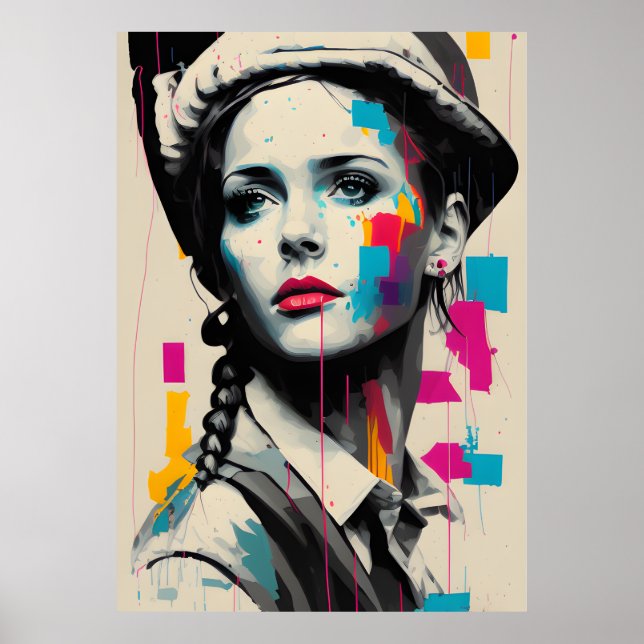 Poster Peinture à l'huile moderne Portrait de belle femme (Devant)
