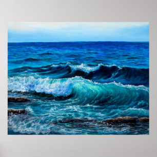Poster Peinture à l'huile montrant des vagues dans l'océa