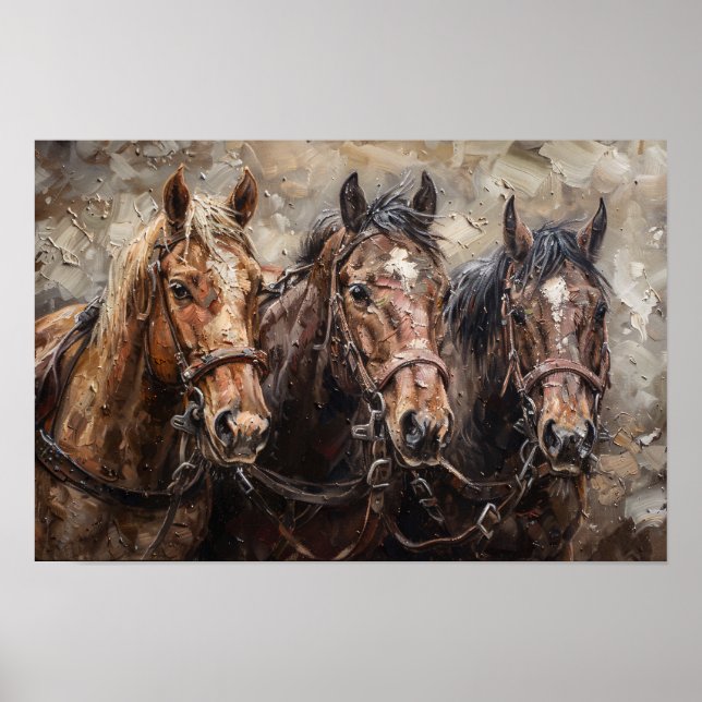Poster Peinture à l'huile Trio de cheval (Devant)