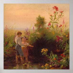 Poster Peinture à l'huile vintage d'enfants pêchant dans