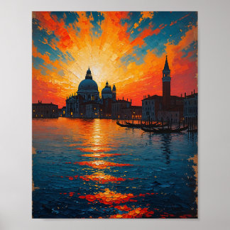 Poster Peinture à l'huile vintage du coucher de soleil à
