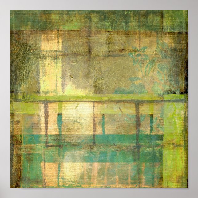 Poster Peinture Abstraite dorée turquoise et verte (Devant)