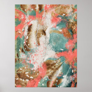 Poster Peinture Abstraite moderne Coral Turquoise Or Blan