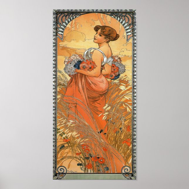 Poster Peinture Alphonse Mucha - Femme tenant des fleurs (Devant)