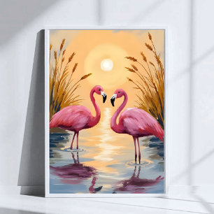 Poster Peinture Animale Coucher de Soleil Flamants Roses