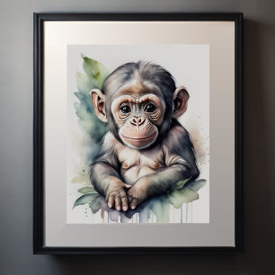 Poster Peinture aquarelle bébé chimpanzé nurserie 5:4