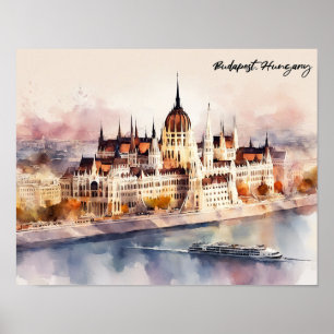 Poster Peinture aquarelle de Budapest Hongrie vue panoram