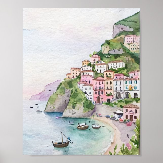 Poster Peinture aquarelle de la côte d'Amalfi (Devant)