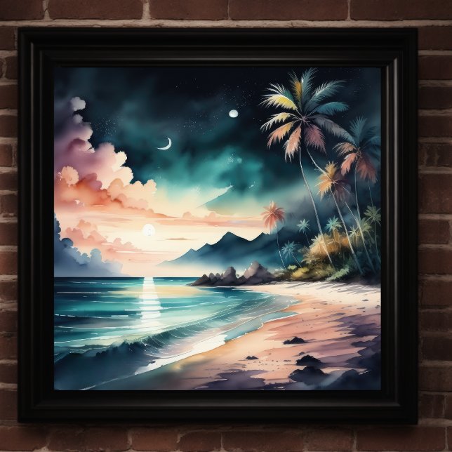 Poster Peinture aquarelle de la plage tropicale à la nuit (Créateur téléchargé)