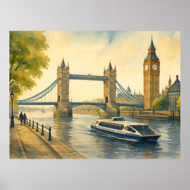 Poster Peinture aquarelle de la Tamise moderne de Londres (Devant)