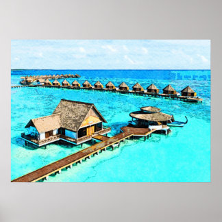 Poster Peinture aquarelle de Maldives Resort