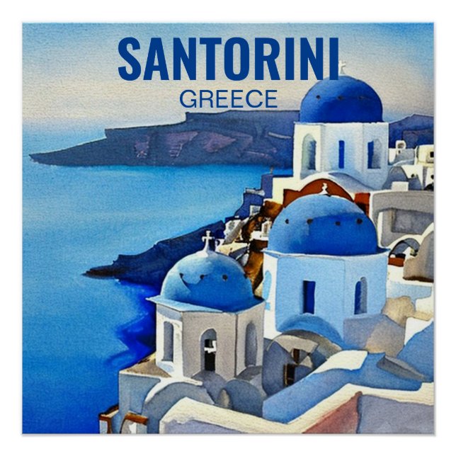 Poster Peinture aquarelle de Santorin Grèce (Devant)