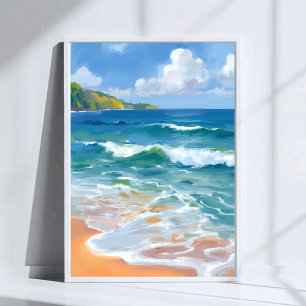Poster Peinture aquarelle de vagues bleues côtières océan