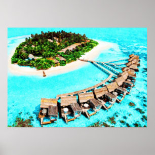 Poster Peinture aquarelle des Maldives Honeymoon Resort