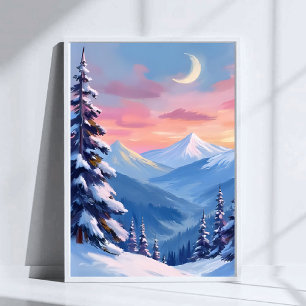 Poster Peinture aquarelle d'hiver de lune de montagne