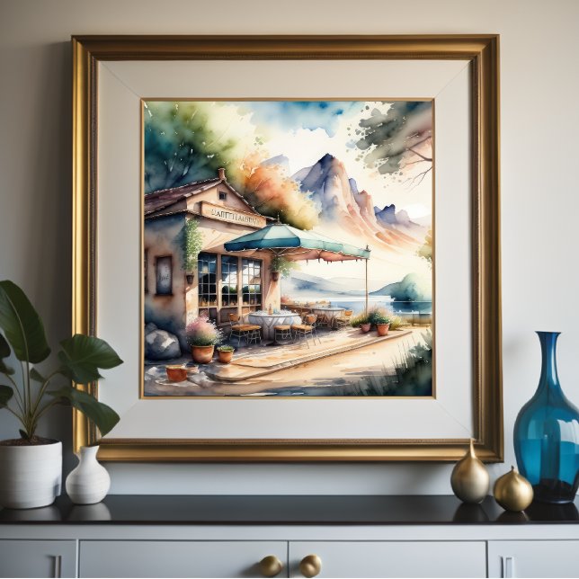 Poster Peinture aquarelle du Café européen rural (Créateur téléchargé)