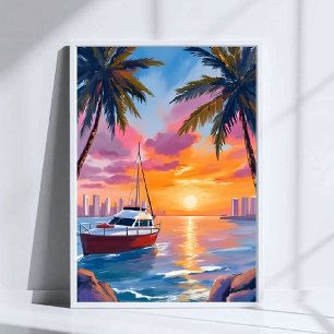 Poster Peinture aquarelle du coucher de soleil à Miami Be