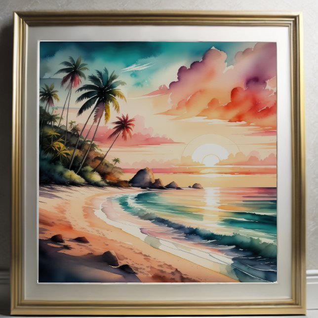 Poster Peinture aquarelle du coucher de soleil de la plag (Créateur téléchargé)