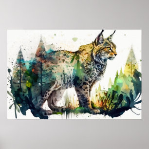 Poster Peinture aquarelle d'une forêt Lynx AI Nature