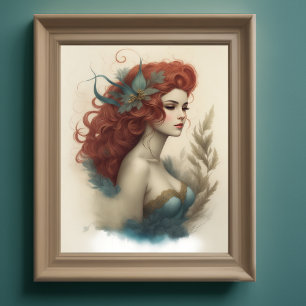 Poster Peinture aquarelle femme étonnante Cheveux rouges