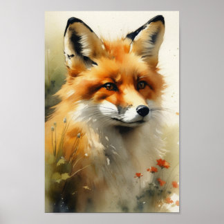 Poster Peinture aquarelle Fox, ai généré