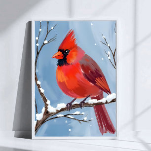 Poster Peinture aquarelle oiseau rouge cardinal d'hiver