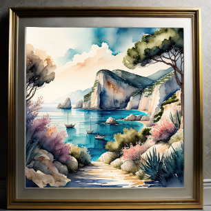 Poster Peinture aquarelle Paysage de la côte méditerranée