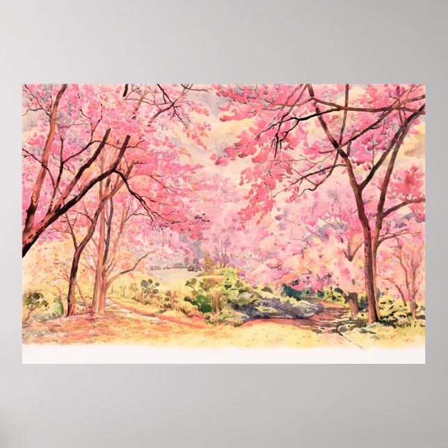 Poster Peinture aquarelle paysage rose fleur rouge rose d (Devant)