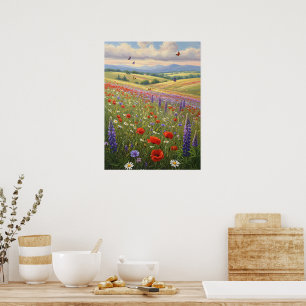 Poster Peinture artistique de paysage de prairie fleurie