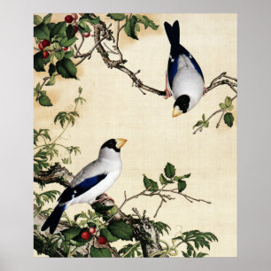Poster Peinture artistique d'oiseaux vintage sur branche 
