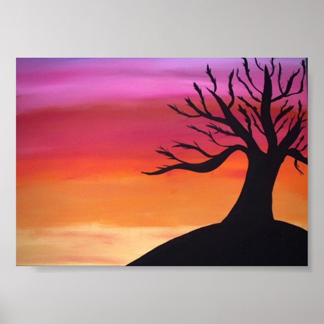Poster Peinture au coucher du soleil calme avec arbre (Devant)