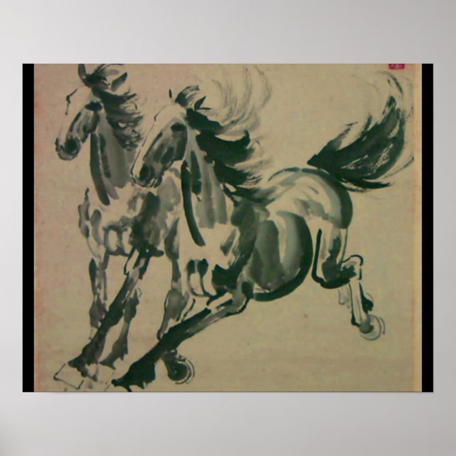 Poster Peinture chinoise de 2 chevaux (Devant)