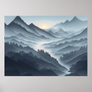 Poster Peinture Chinoise Paysage Bruyant Avec Rivière