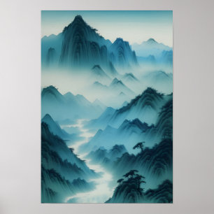 Poster Peinture chinoise Paysage Turquoise bleu humide