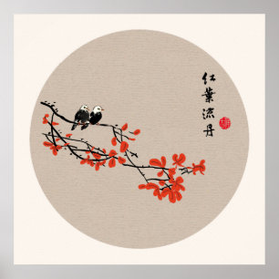 Poster Peinture chinoise vintage Oiseaux d'automne Feuill