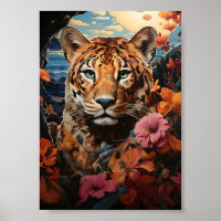 Peinture Colorée Avec Tigre Et Fleurs Au Coucher D