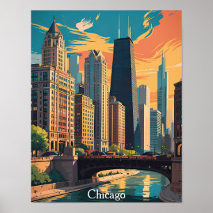 Poster Peinture colorée vintage de la skyline de Chicago