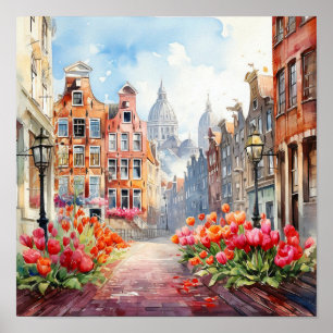 Poster Peinture d'aquarelle Amsterdam Pays-Bas