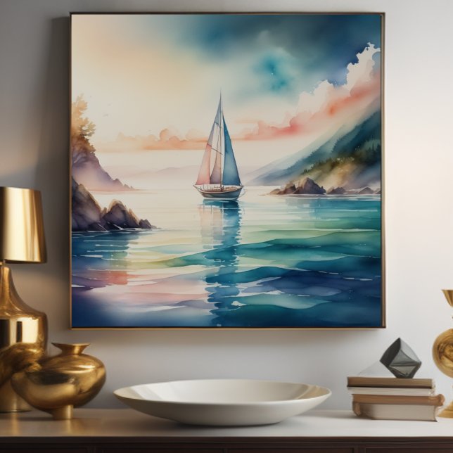 Poster Peinture d'aquarelle Bateau à voile sur l'eau 1:1 (Créateur téléchargé)