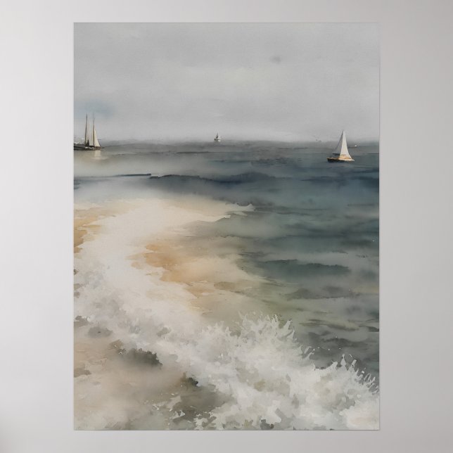 Poster Peinture d'aquarelle côtière avec voiliers - vinta (Devant)