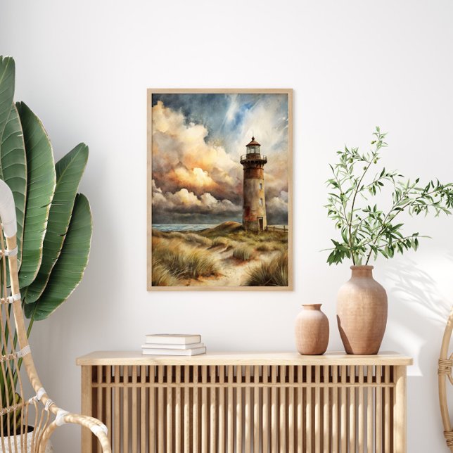 Poster Peinture d'aquarelle côtière du phare (Lighthouse and stormy skies 16"x20" poster)