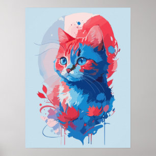 Poster Peinture d'aquarelle de chat mignonne avec la flor