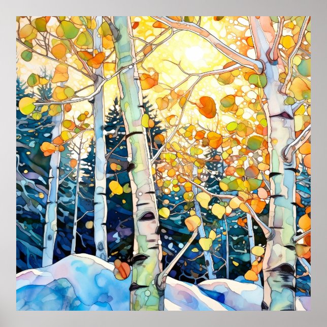 Poster Peinture d'aquarelle de la forêt de Sunset Imprime (Devant)