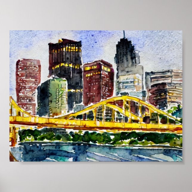 Poster Peinture d'aquarelle de Pittsburgh Skyline (Devant)
