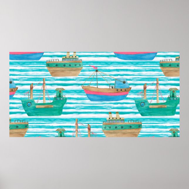 Poster Peinture d'aquarelle en continu motif avec bateaux (Devant)